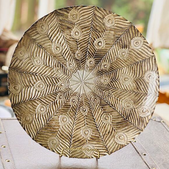 14” Embossed Mandala Platter – Boho Peacock Feather - Picture 1 of 5